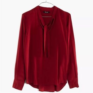 Madewell Silk Tie Neck Long Sleeve Blouse Garnet Red Large NWOT